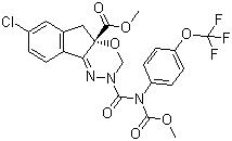 CAS # 144171-61-9 (173584-44-6), Indoxacarb, Methyl 7-chloro-2,5-dihydro-2-[N-(methoxycarbonyl)-4-(trifluoromethoxy)anilinocarbonyl]indeno[1,2-e][1,3,4]oxadiazine-4a(3H)carboxylate, 7-Chloro-2,5-dihydro-2-(((methoxycarbonyl)(4-(trifluoromethoxy)phenyl)amino)carbonyl)-indeno[1,2-e][1,3,4]oxadiazine-4a(3H)-carboxylic acid methyl ester