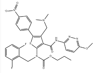 Carbamic acid, N-[(2,6-difluorophenyl)methyl]-N-[4-[(dimethylamino)methyl]-3-[[(6-methoxy-3-pyridazinyl)amino]carbonyl]-5-(4-nitrophenyl)-2-thienyl]-, propyl ester