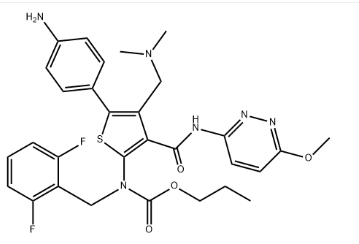 Carbamic acid, N-[5-(4-aminophenyl)-4-[(dimethylamino)methyl]-3-[[(6-methoxy-3-pyridazinyl)amino]carbonyl]-2-thienyl]-N-[(2,6-difluorophenyl)methyl]-, propyl ester