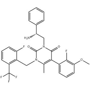 3-[2(R)-amino-2-phenylethyl]-5-(2-fluoro-3-methoxyphenyl)-1-[2-fluoro-6-(trifluoromethyl)benzyl]-6-methylpyrimidine-2,4(1H,3H)-dione?