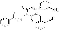 CAS 登录号：850649-62-6, 阿格列汀苯甲酸盐, 2-[[6-[(3R)-3-氨基-1-哌啶基]-3,4-二氢-3-甲基-2,4-二氧代-1(2H)-嘧啶基]甲基]苯甲腈苯甲酸盐