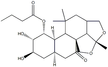 (3R,3aα,5aα,9aβ,11aα,12R)-3β,3bβ-(Epoxymethano)-4α,5α,12-trihydroxy-3a,3b,4,5,5a,6,7,8,9,9a,9bα,10,11,11a-tetradecahydro-6,6,9a-trimethylphenanthro[1,2-c]furan-1(3H)-one 5-butyrate Struktur